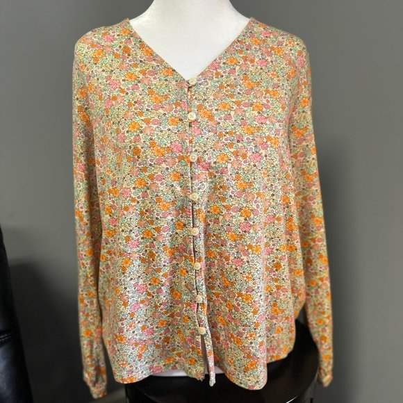Lands End Orange Floral Long Sleeve Button Down Tencel - Picture 1 of 7